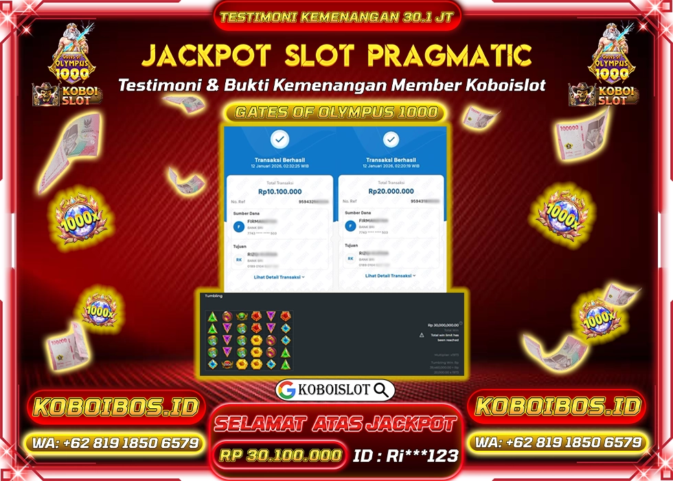 BUKTI KEMENANGAN ID Ri***123 SLOT GACOR GATES OF OLYMPUS 1000 Rp30.100.000,- LUNAS